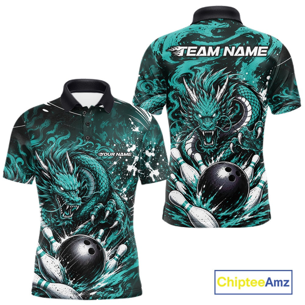 Custom Black And Turquoise Blue Splatter Dragon Bowling Polo Shirt, Team League Shirt