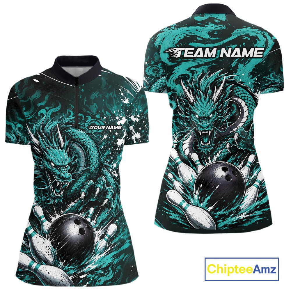 Custom Black And Turquoise Blue Splatter Dragon Bowling Quarter-Zip Team Shirt