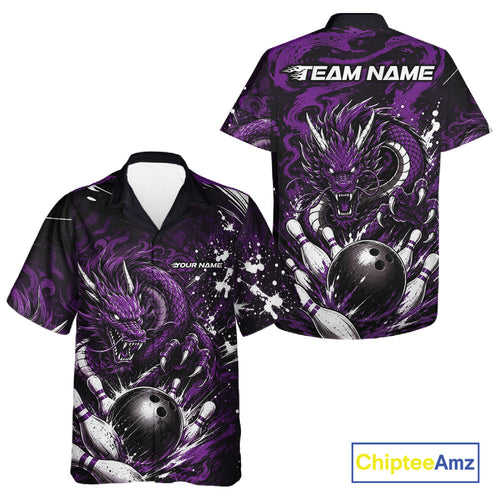 Custom Black And Purple Splatter Dragon And Bowling Hawaiian Shirt, Team League Shirt