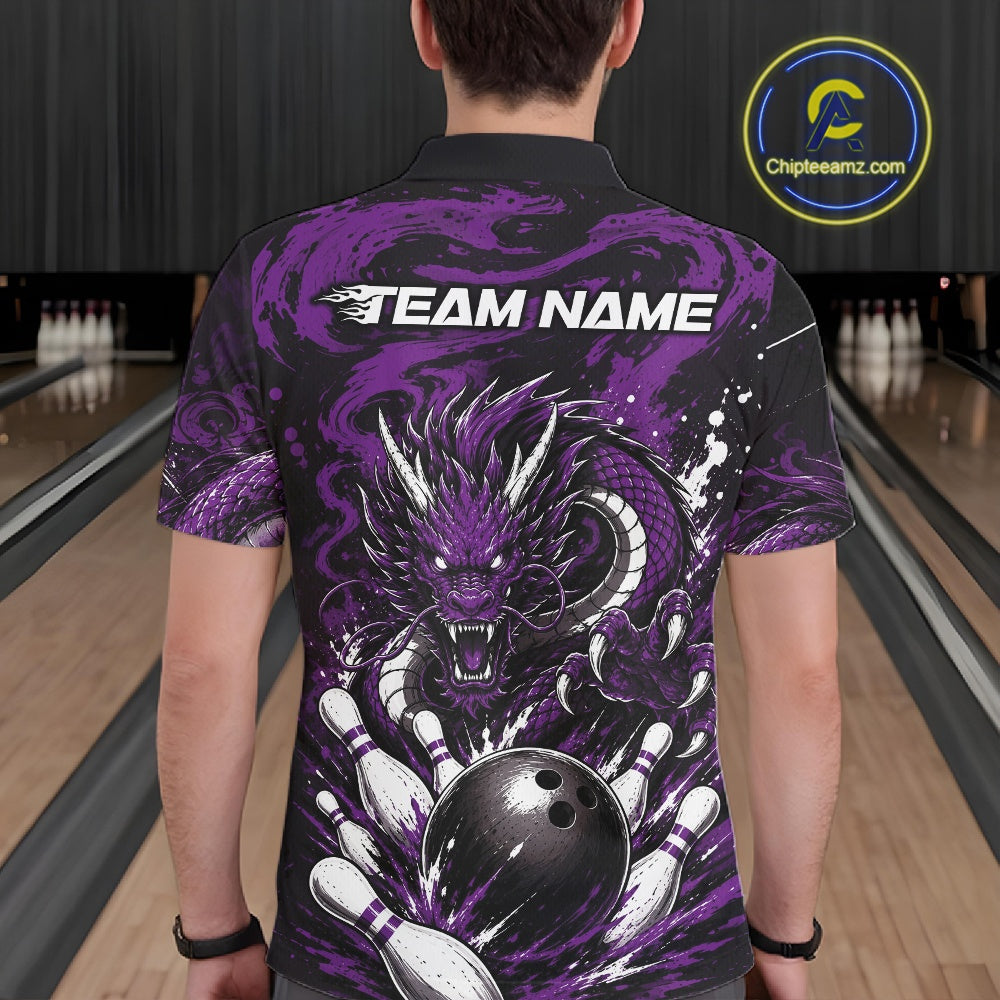 Custom Black And Purple Splatter Dragon Bowling Polo Shirt, Team League Shirt