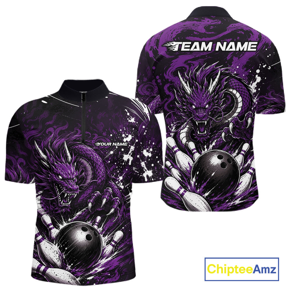 Custom Black And Purple Splatter Dragon Bowling Quarter-Zip Shirt, Team League Shirt
