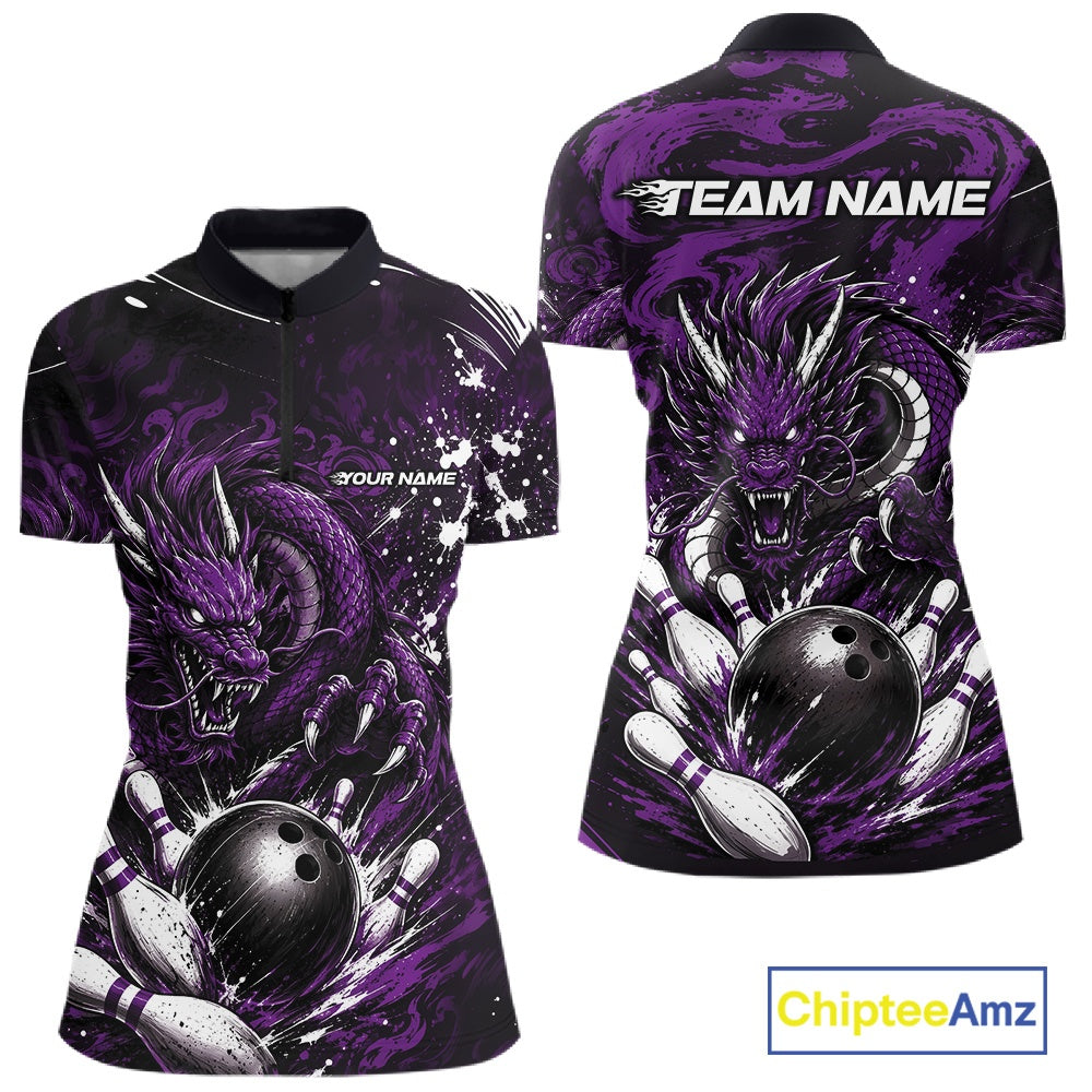 Custom Black And Purple Splatter Dragon Bowling Quarter-Zip Team League Shirt