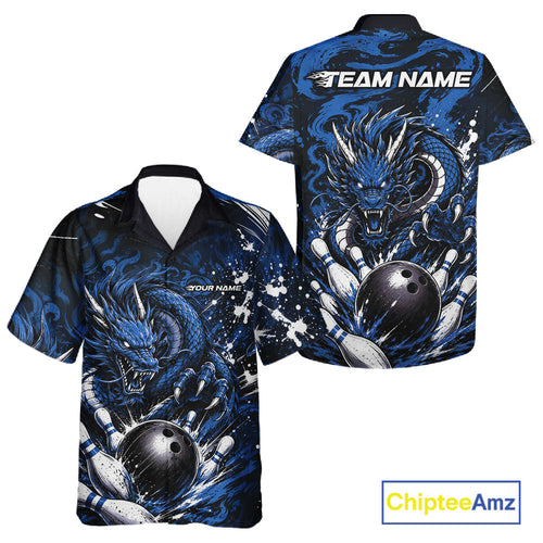Custom Black And Deep Blue Splatter Dragon And Bowling Hawaiian Shirt, Team League Shirt
