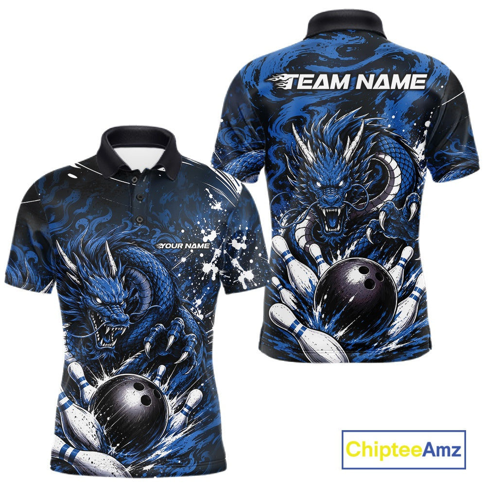 Custom Black And Deep Blue Splatter Dragon Bowling Polo Shirt, Team League Shirt