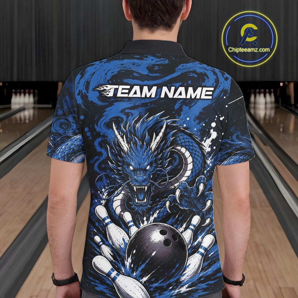 Custom Black And Deep Blue Splatter Dragon Bowling Polo Shirt, Team League Shirt