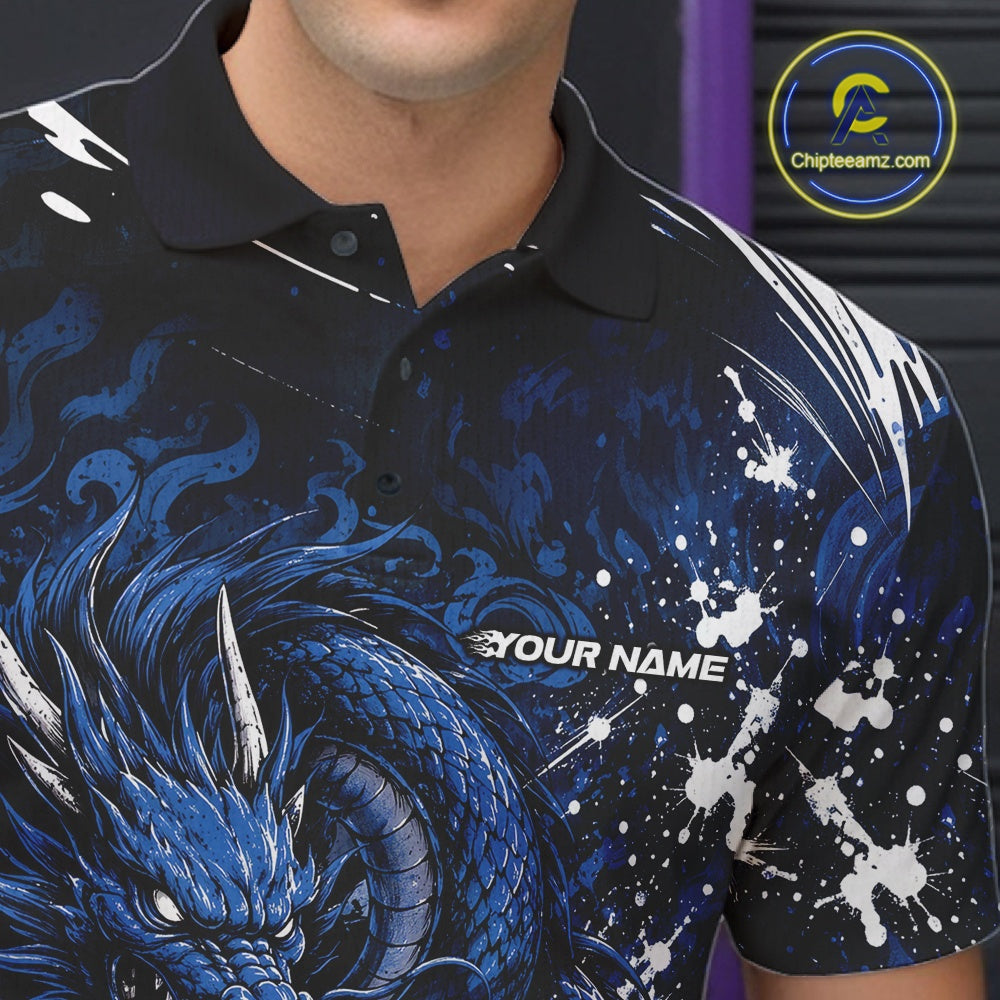 Custom Black And Deep Blue Splatter Dragon Bowling Polo Shirt, Team League Shirt