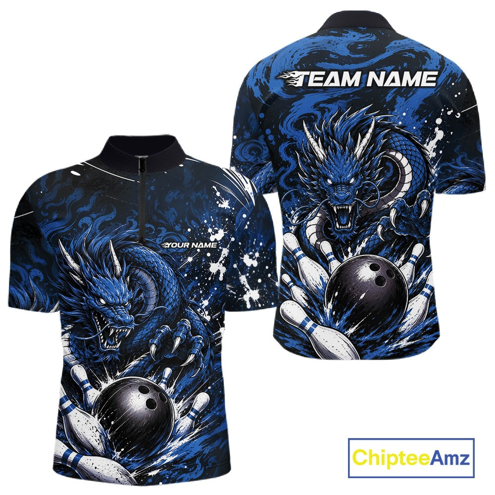 Custom Black And Deep Blue Splatter Dragon Bowling Quarter-Zip Shirt, Team League Shirt