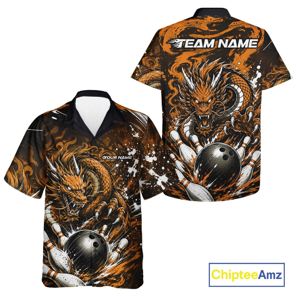 Custom Black And Yellow Splatter Dragon And Bowling Hawaiian Shirt, Team League Shirt