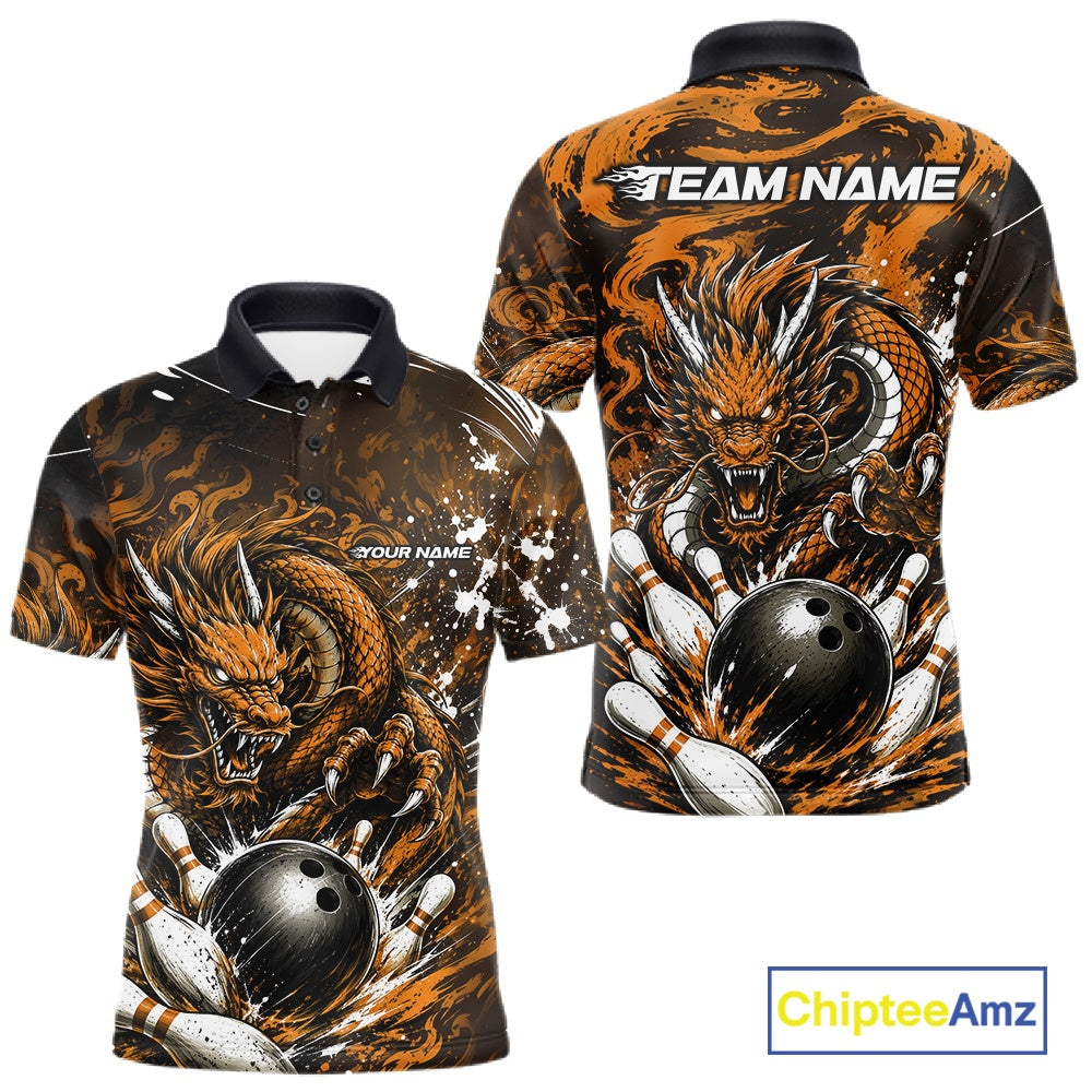 Custom Black And Yellow Splatter Dragon Bowling Polo Shirt, Team League Shirt