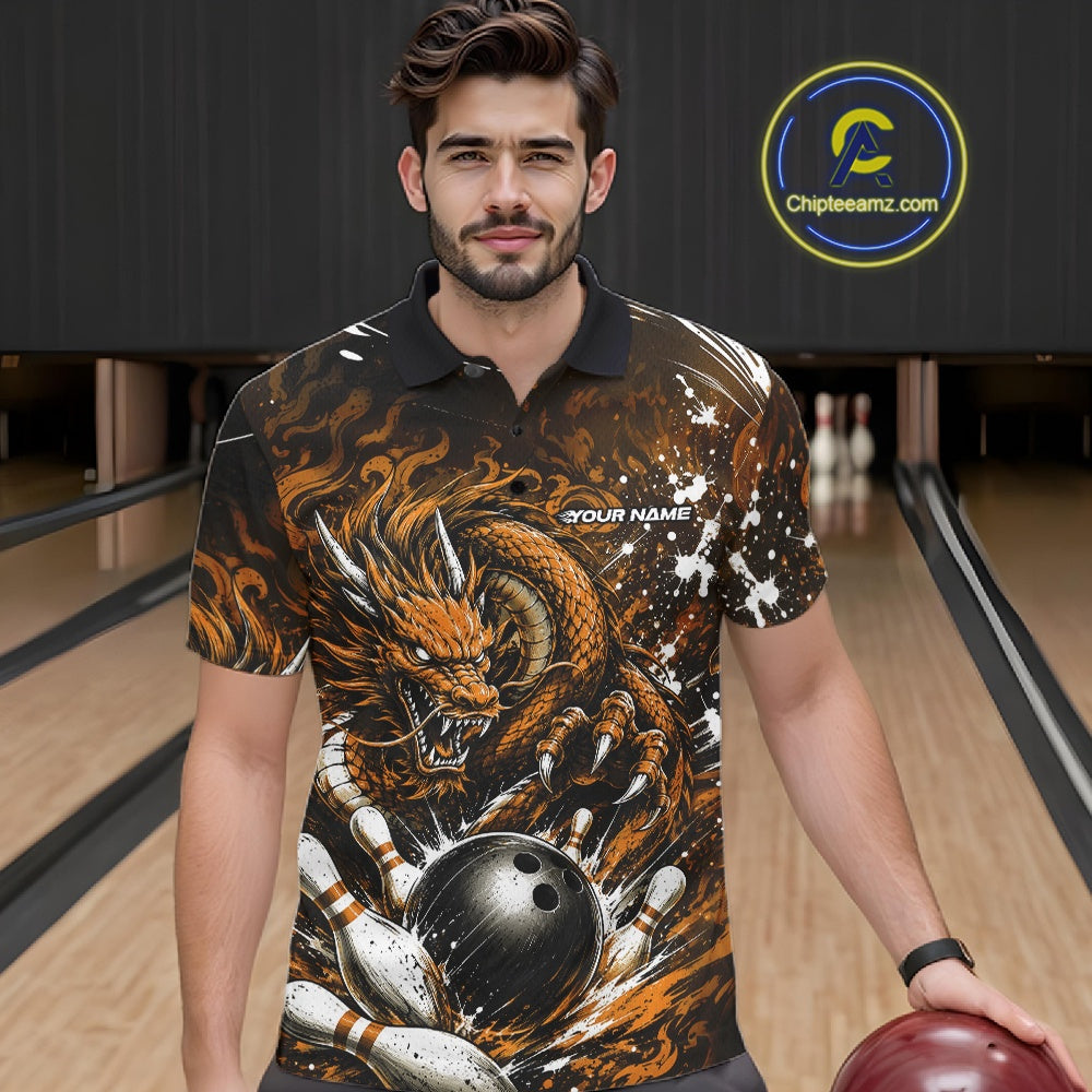 Custom Black And Yellow Splatter Dragon Bowling Polo Shirt, Team League Shirt