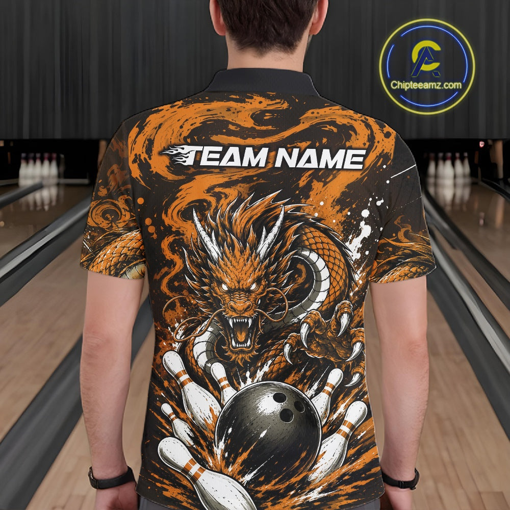 Custom Black And Yellow Splatter Dragon Bowling Polo Shirt, Team League Shirt