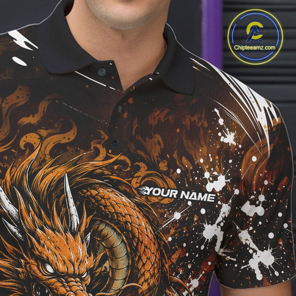 Custom Black And Yellow Splatter Dragon Bowling Polo Shirt, Team League Shirt