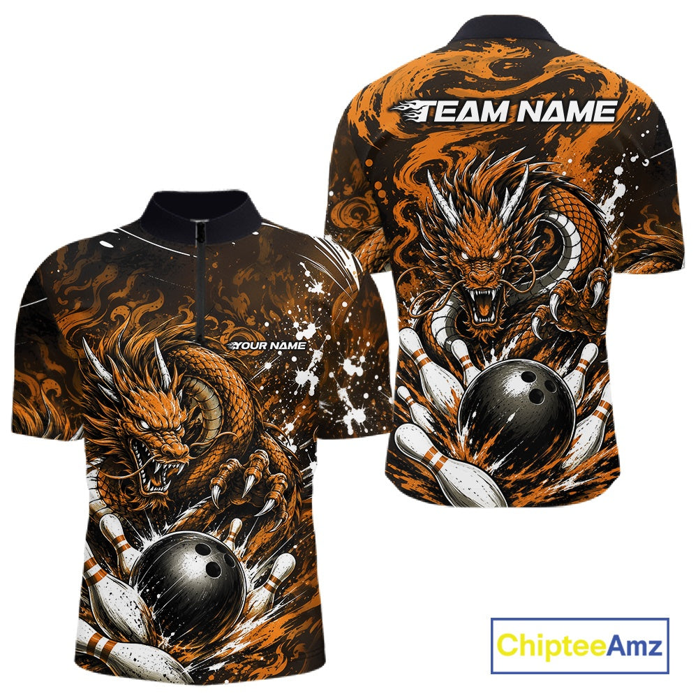 Custom Black And Yellow Splatter Dragon Bowling Quarter-Zip Shirt, Team League Shirt