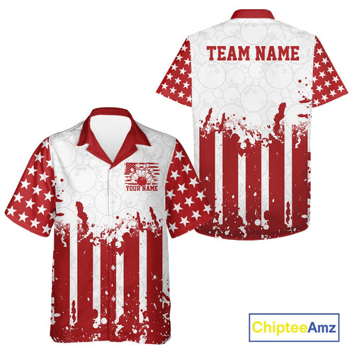 Custom Red American Flag Patriotic Bowling And Hawaiian Shirt, US Flag Bowling Jersey