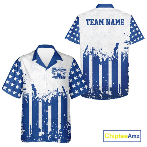 Custom Blue American Flag Patriotic Bowling And Hawaiian Shirt, US Flag Bowling Jersey
