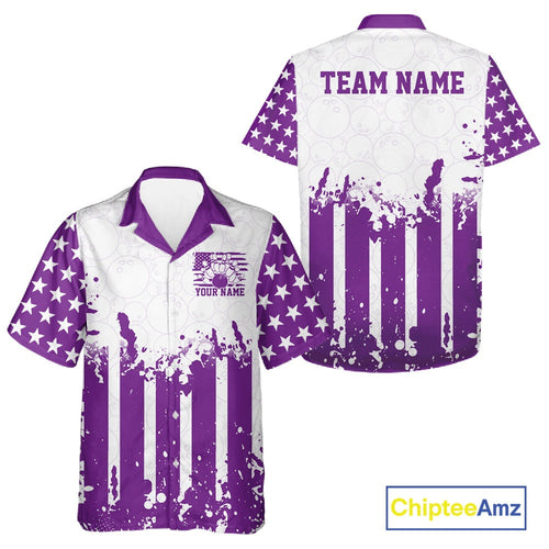 Custom Purple American Flag Patriotic Bowling And Hawaiian Shirt, US Flag Bowling Jersey