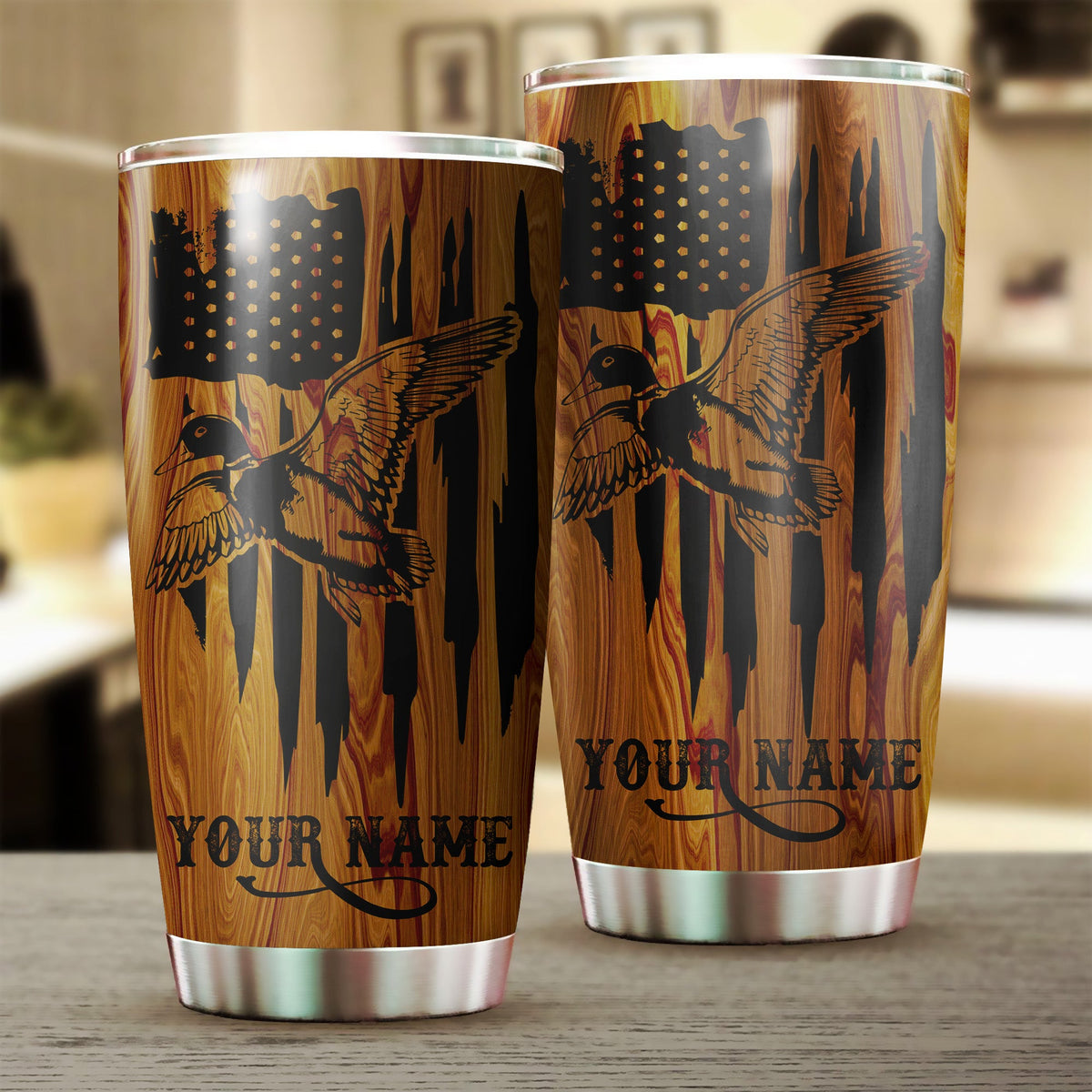 Duck Hunting American Flag Custom name 1PC Stainless Steel Tumbler Cup - Personalized drinking mug for adults and