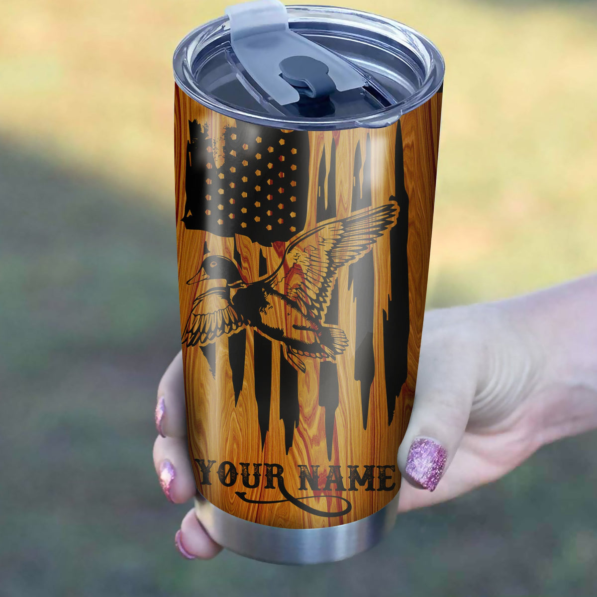 Duck Hunting American Flag Custom name 1PC Stainless Steel Tumbler Cup - Personalized drinking mug for adults and