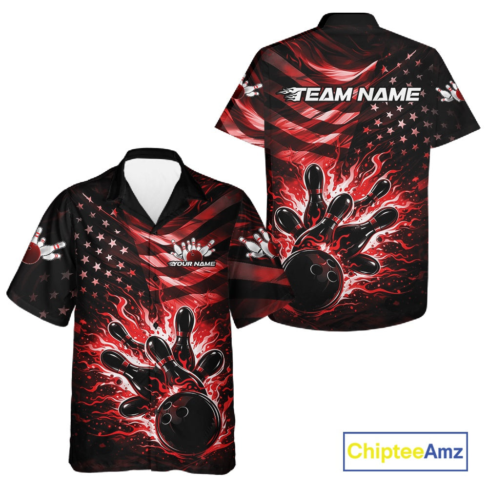 Custom Black And Red Patriotic Fire Flame And Bowling Shirt, US Flag Bowling Jerseys