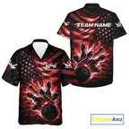 Custom Black And Red Patriotic Fire Flame And Bowling Shirt, US Flag Bowling Jerseys