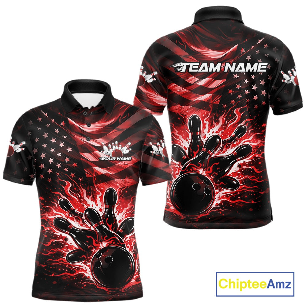 Custom Black And Red Patriotic Fire Flame Bowling Shirt, US Flag Bowling Jerseys
