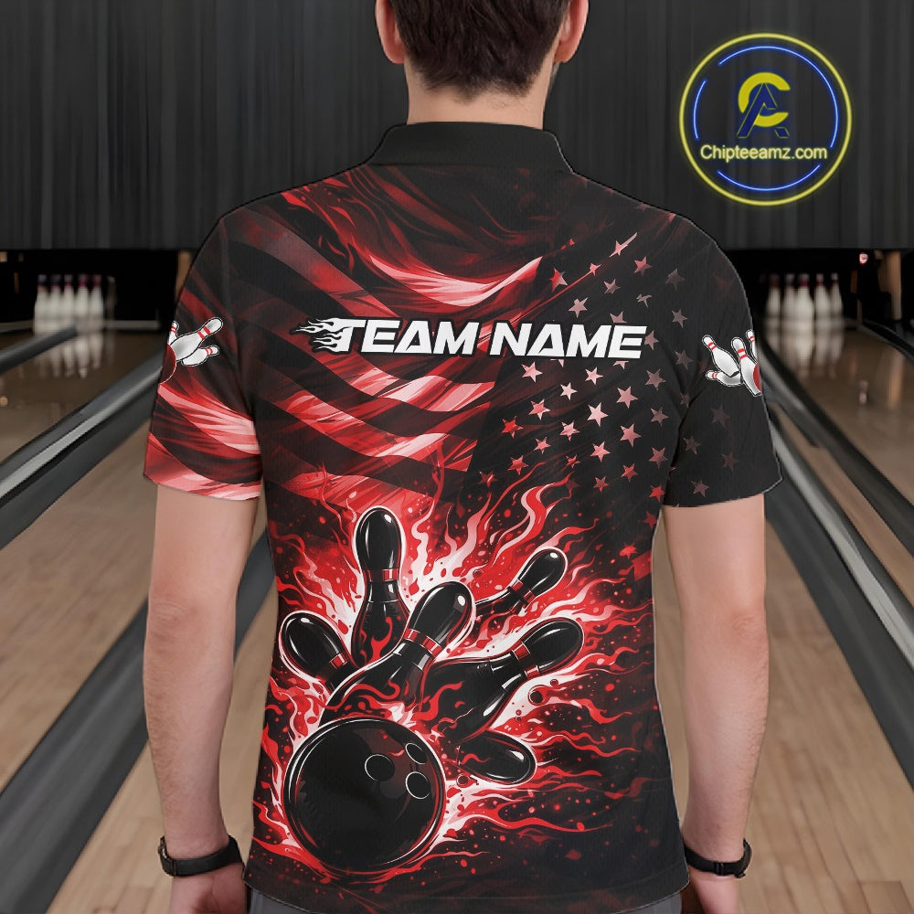 Custom Black And Red Patriotic Fire Flame Bowling Shirt, US Flag Bowling Jerseys
