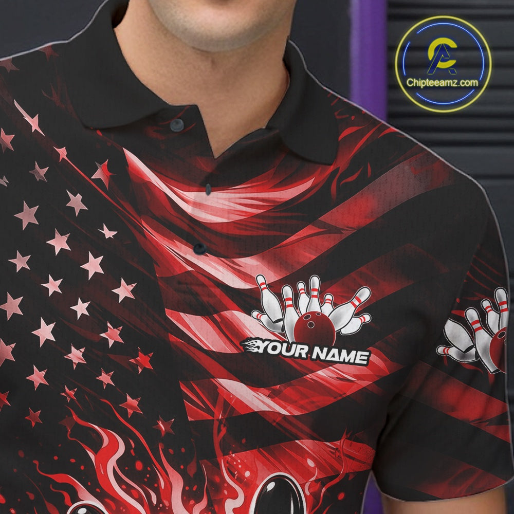 Custom Black And Red Patriotic Fire Flame Bowling Shirt, US Flag Bowling Jerseys