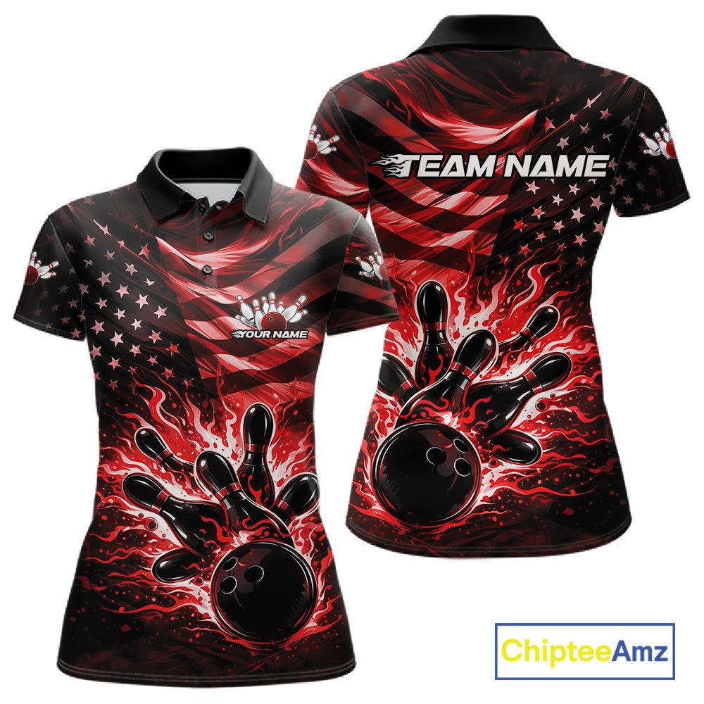 Custom Black And Red Patriotic Fire Flame Bowling Shirt, US Flag Bowling Jerseys