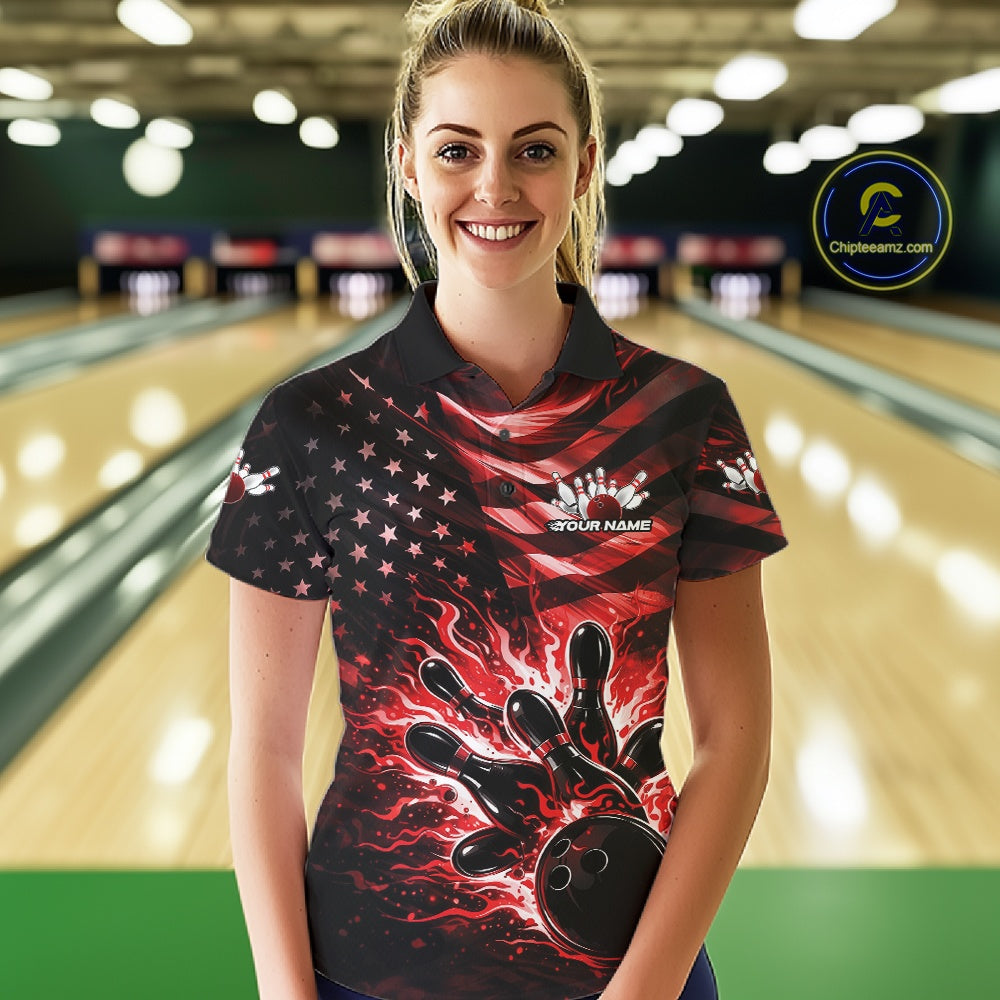 Custom Black And Red Patriotic Fire Flame Bowling Shirt, US Flag Bowling Jerseys