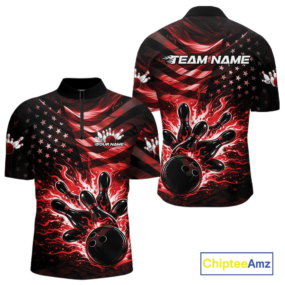 Custom Black And Red Patriotic Fire Flame Bowling Shirt, US Flag Bowling Jerseys