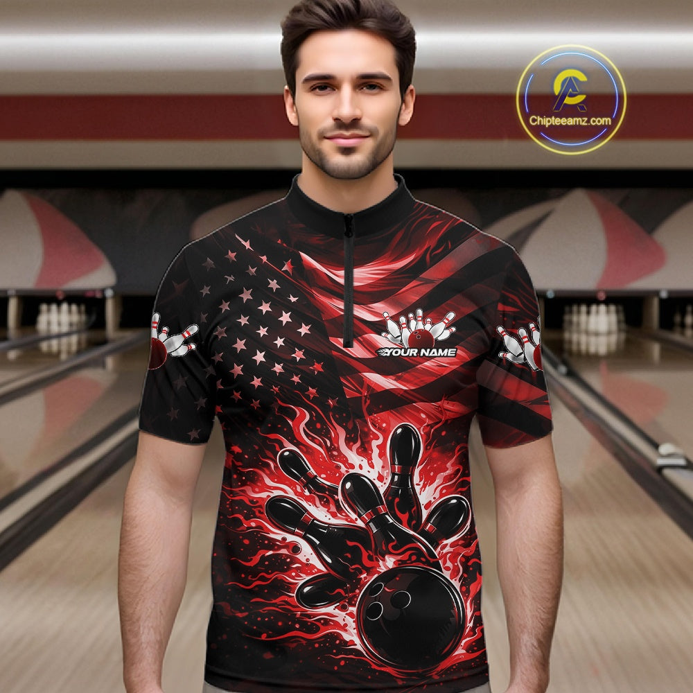 Custom Black And Red Patriotic Fire Flame Bowling Shirt, US Flag Bowling Jerseys