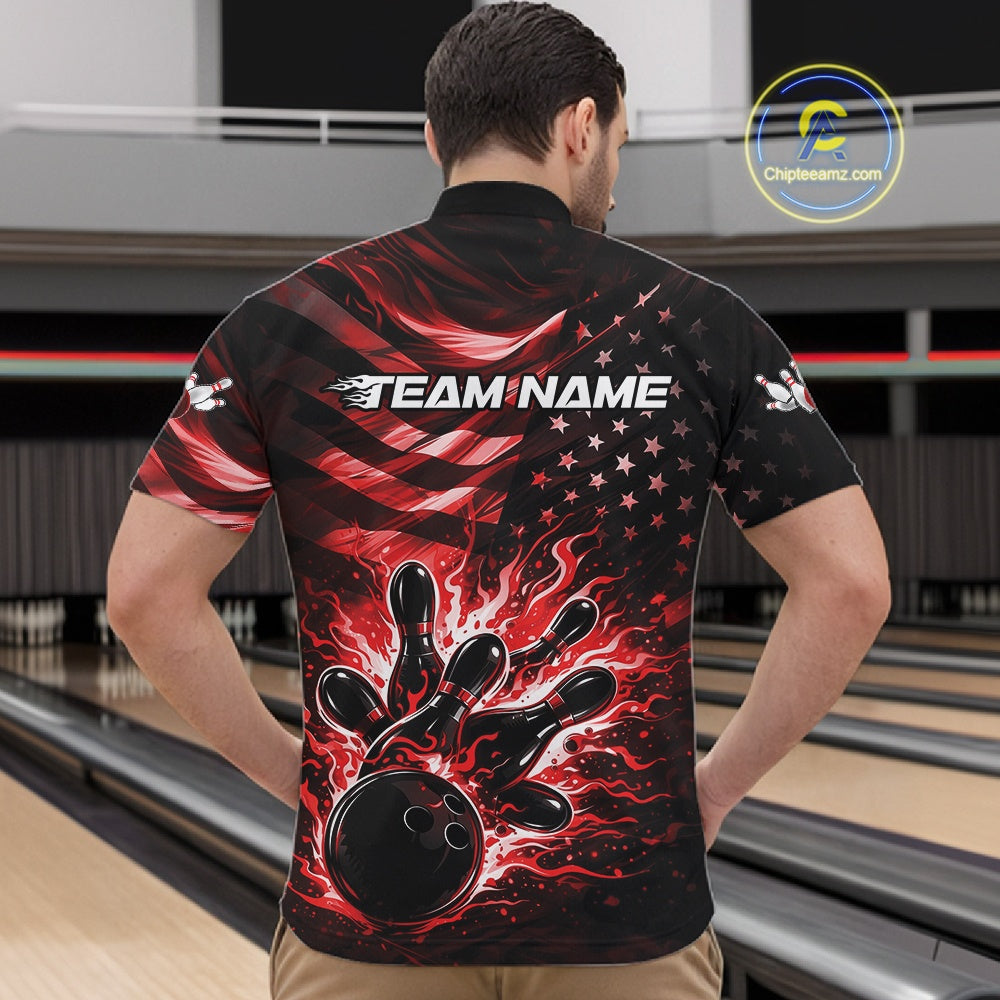 Custom Black And Red Patriotic Fire Flame Bowling Shirt, US Flag Bowling Jerseys