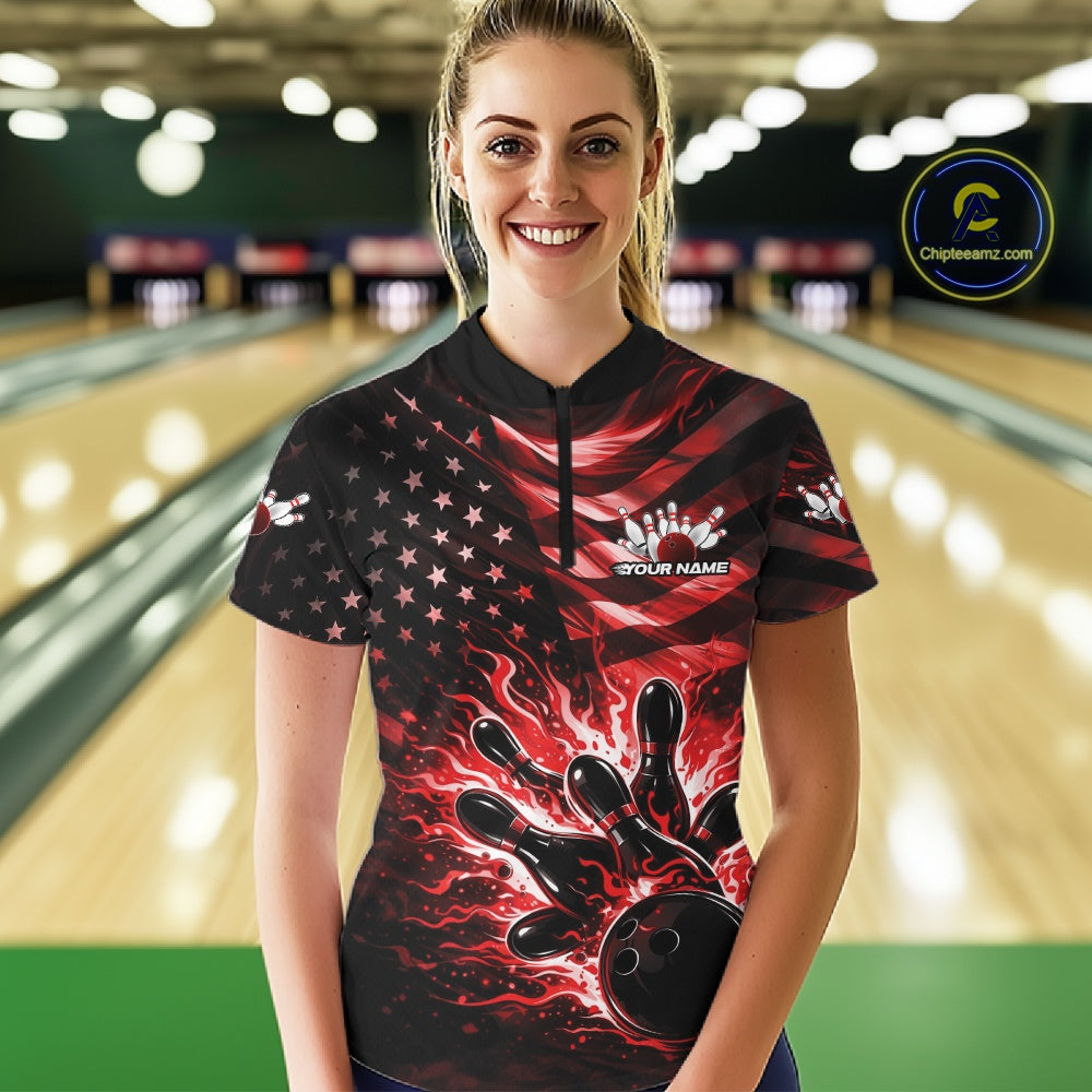 Custom Black And Red Patriotic Fire Flame Bowling Shirt, US Flag Bowling Jerseys