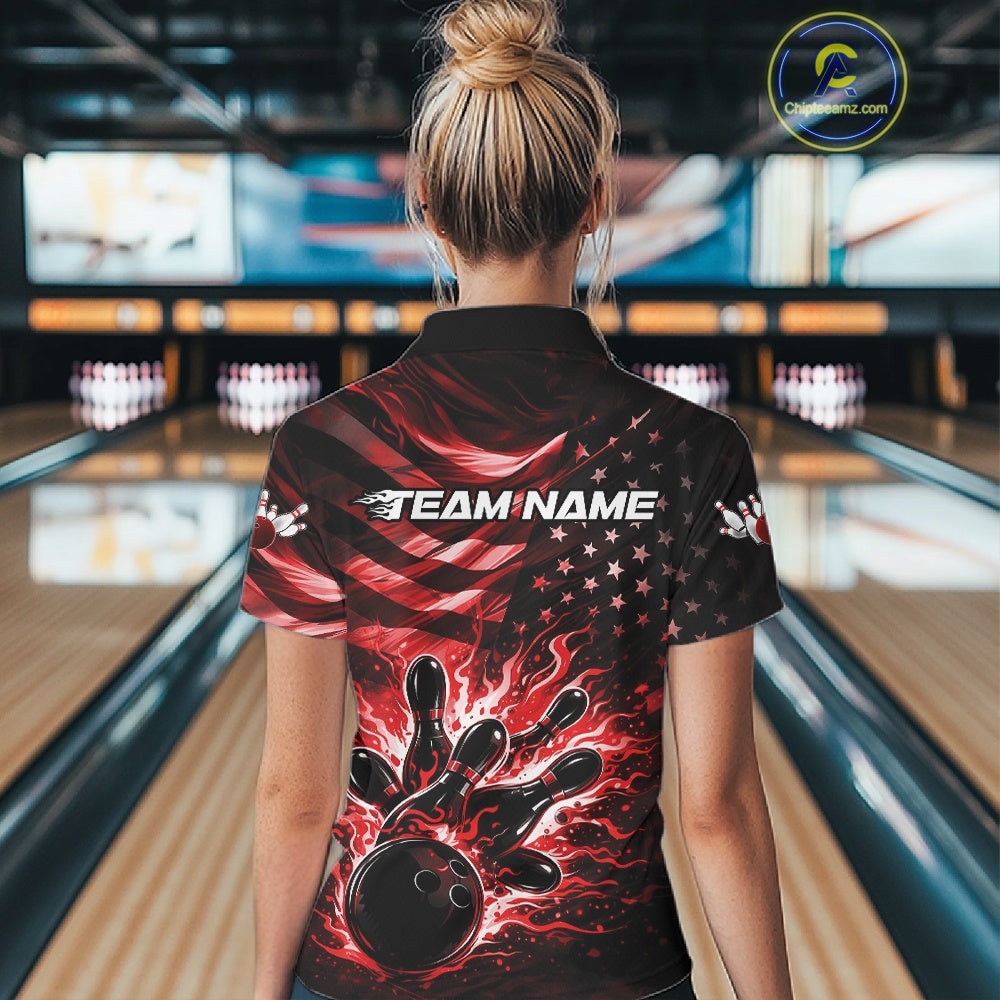 Custom Black And Red Patriotic Fire Flame Bowling Shirt, US Flag Bowling Jerseys