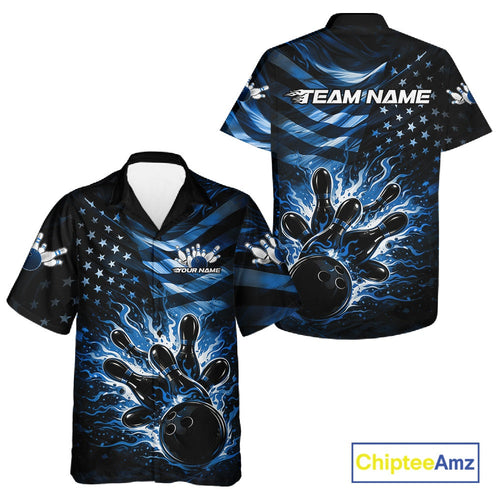 Custom Black And Blue Patriotic Fire Flame And Bowling Shirt, US Flag Bowling Jerseys