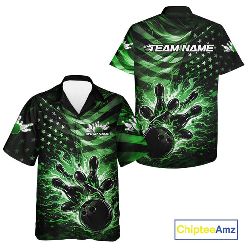 Custom Black And Green Patriotic Fire Flame And Bowling Shirt, US Flag Bowling Jerseys