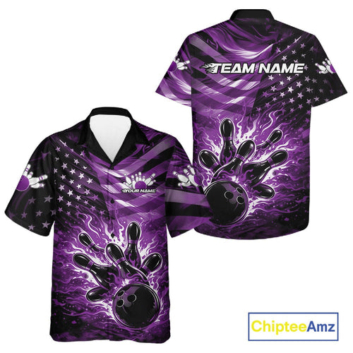 Custom Black And Purple Patriotic Fire Flame And Bowling Shirt, US Flag Bowling Jerseys