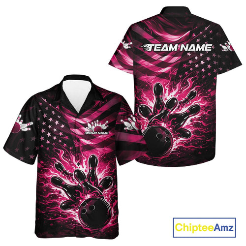 Custom Black And Pink Patriotic Fire Flame And Bowling Shirt, US Flag Bowling Jerseys