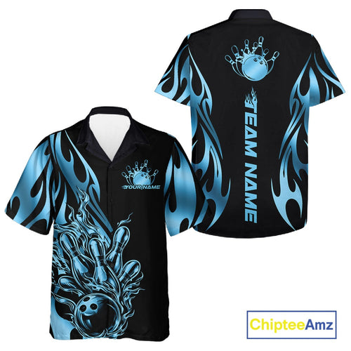 Custom Black And Blue Tribal Flame And Bowling Hawaiian Shirt, Bowling Tournament Shirt