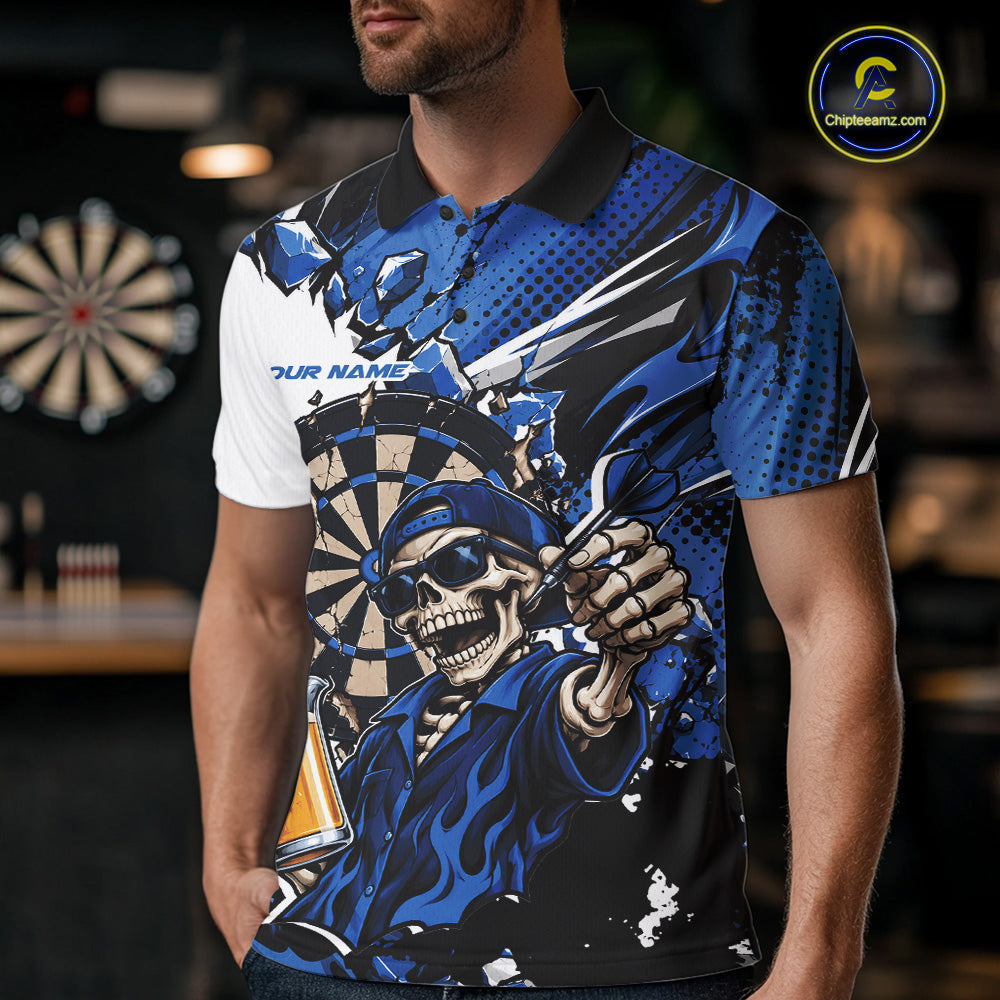 Blue Energy Custom Funny Skeleton Drink Beer Dart Polo Shirt, Dart Team Jersey