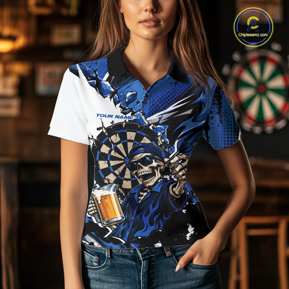 Blue Energy Custom Funny Skeleton Drink Beer Dart Polo Shirt, Dart Team Jersey