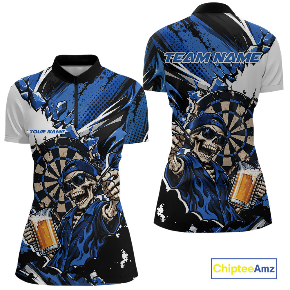 Blue Energy Custom Funny Skeleton Drink Beer Dart Quarter-Zip Shirt, Dart Jersey