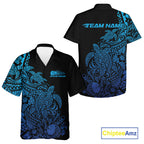 Custom Black And Blue Tribal Turtle Bowling And Button Up, Polynesian Bowling Outfit