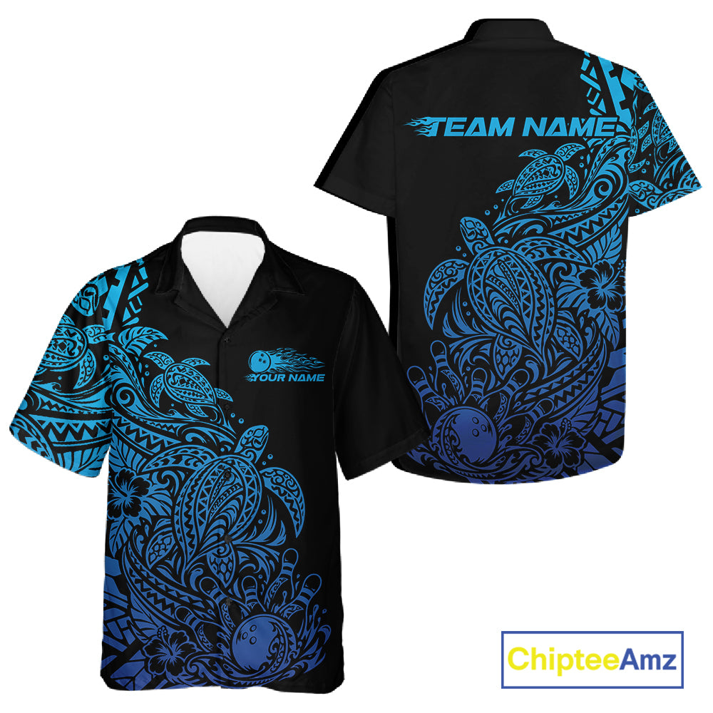 Custom Black And Blue Tribal Turtle Bowling And Button Up, Polynesian Bowling Outfit