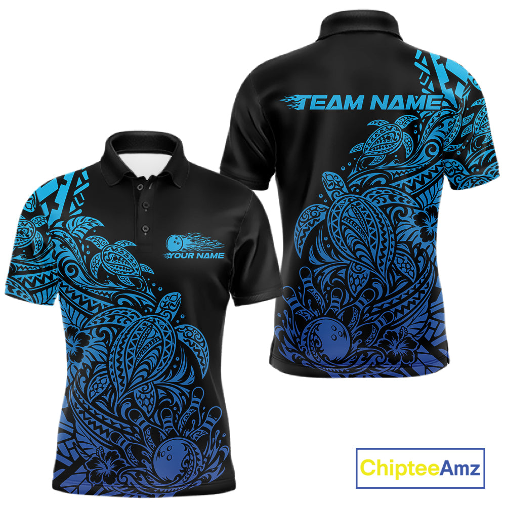 Custom Black And Blue Tribal Turtle Bowling Polo, Polynesian Bowling Outfit