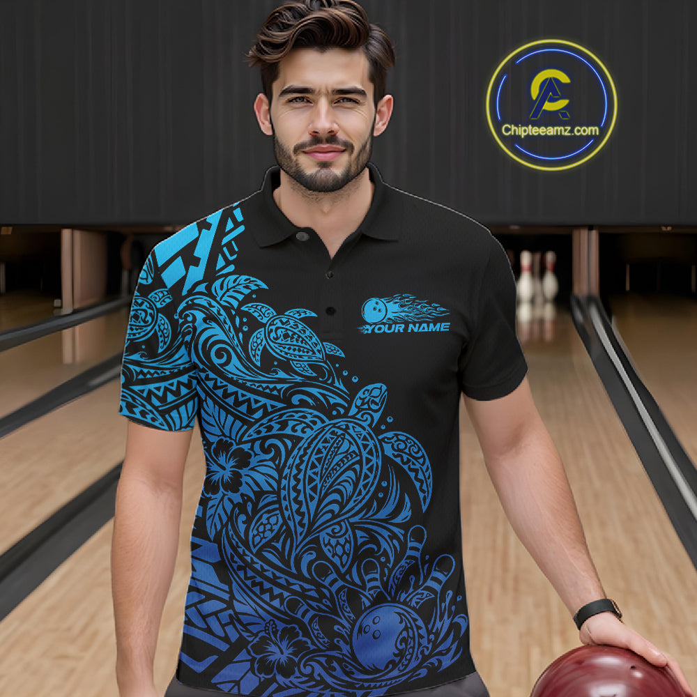 Custom Black And Blue Tribal Turtle Bowling Polo, Polynesian Bowling Outfit