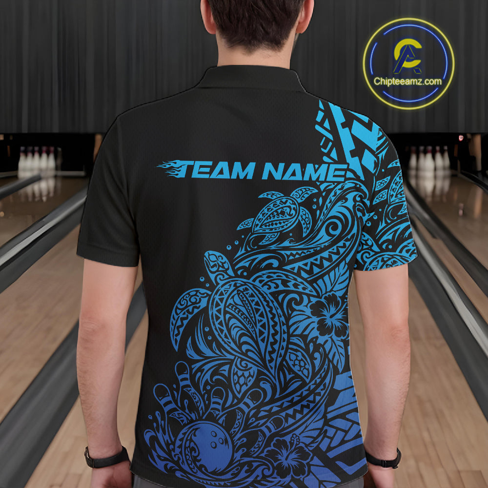 Custom Black And Blue Tribal Turtle Bowling Polo, Polynesian Bowling Outfit