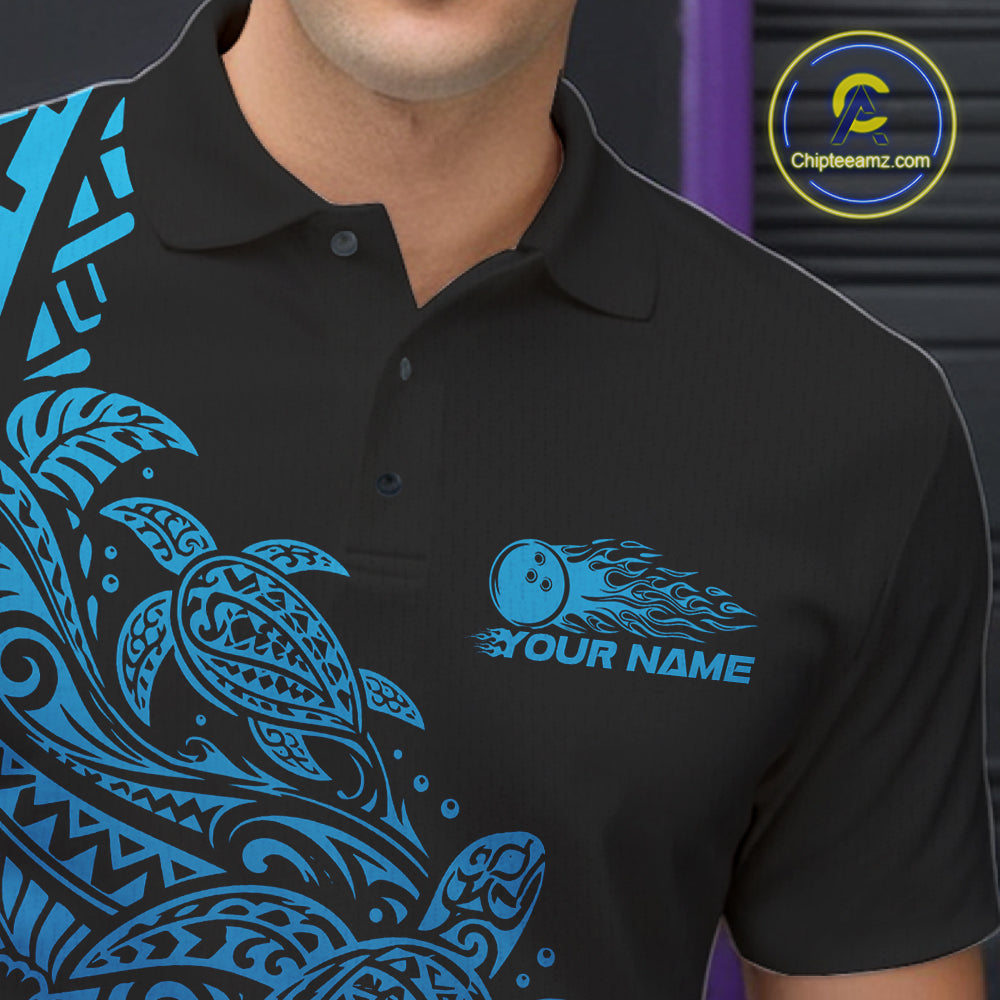 Custom Black And Blue Tribal Turtle Bowling Polo, Polynesian Bowling Outfit