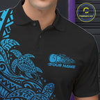 Custom Black And Blue Tribal Turtle Bowling Polo, Polynesian Bowling Outfit