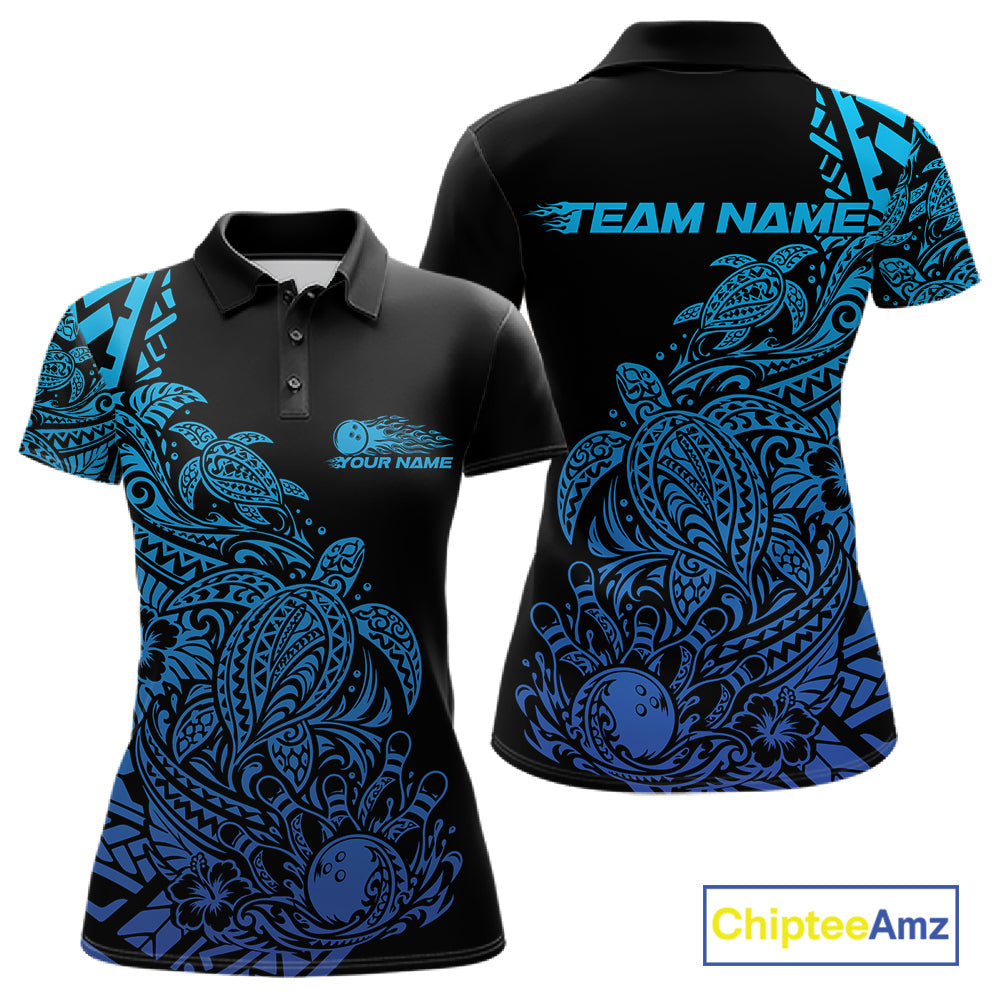 Custom Black And Blue Tribal Turtle Bowling Polo, Polynesian Bowling Outfit